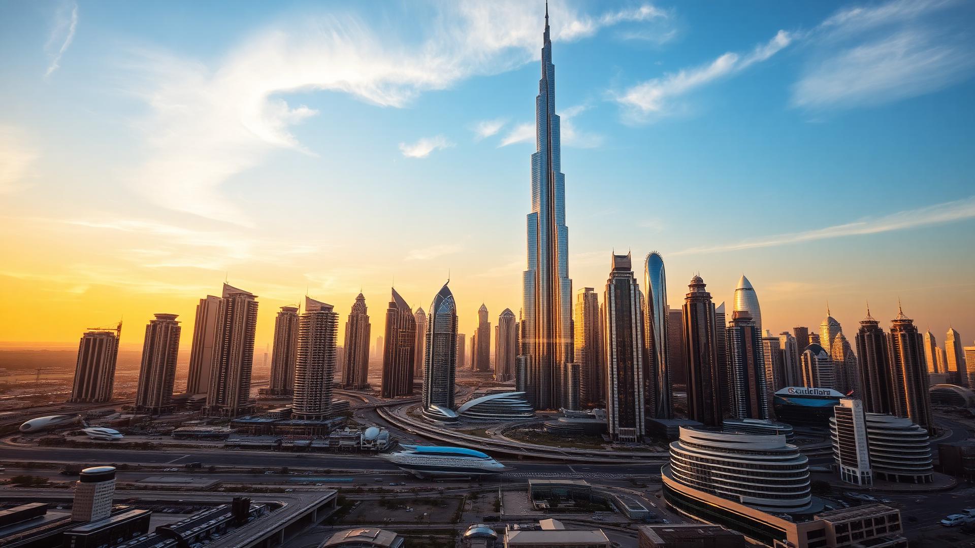 Dubai skyline at golden hour